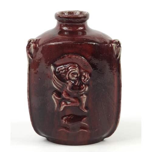 176 - Bode Willumsen for Royal Copenhagen, Danish stoneware vase with triangular body having an oxblood gl... 