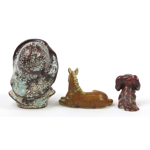 181 - Bornholm, two Danish stoneware animals and a bust of a pipe smoking gentleman having a lustre glaze,... 