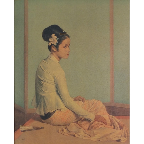 836 - Gerald Kelly - Seated Asian females, pair of vintage prints in colour, framed, 60.5cm x 48cm excludi... 