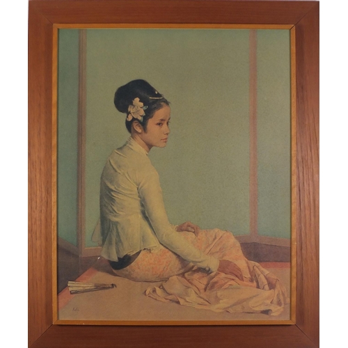 836 - Gerald Kelly - Seated Asian females, pair of vintage prints in colour, framed, 60.5cm x 48cm excludi... 