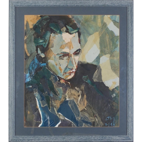 986 - Manner of Tony O'Malley - Portrait of a gentleman, Irish school mixed media and collage, mounted, fr... 
