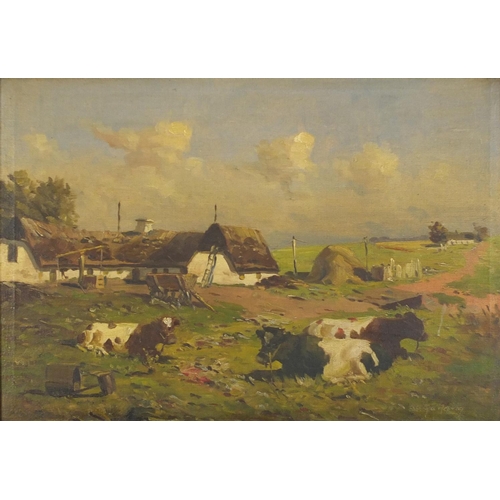 1541 - Mark Osman Curtis - Farm buildings with cattle, oil on canvas, inscribed verso, framed, 63cm x 43.5c... 