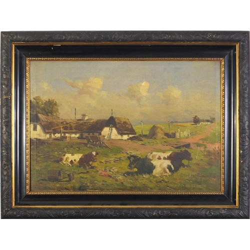 1541 - Mark Osman Curtis - Farm buildings with cattle, oil on canvas, inscribed verso, framed, 63cm x 43.5c... 