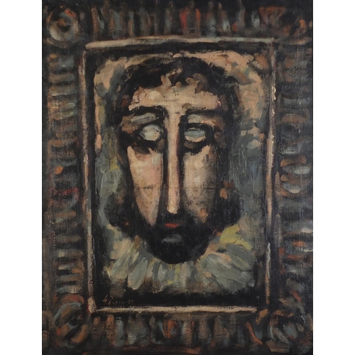 1481 - Surreal composition, portrait of Christ, oil on canvas, mounted and framed, 63.5cm x 49cm excluding ... 