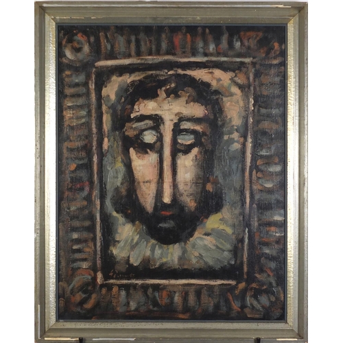 1481 - Surreal composition, portrait of Christ, oil on canvas, mounted and framed, 63.5cm x 49cm excluding ... 