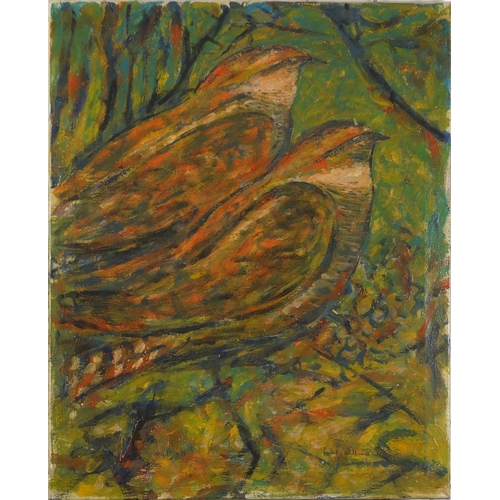 1538 - Birds perched on a tree, oil on canvas, unframed, 73.5cm x 61cm