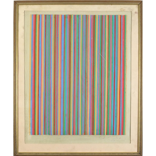 105 - Manner of Bridget Riley - Abstract composition, colourful lines, gouache, mounted, framed and glazed... 