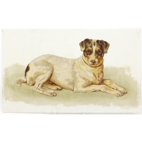 487 - White opaline glass panel hand painted with a Jack Russell, 25cm x 15.5cm