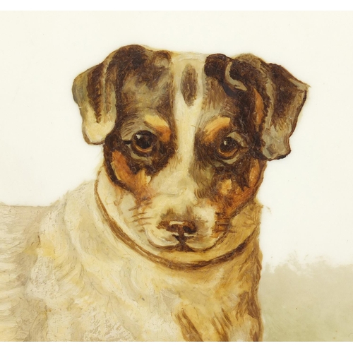 487 - White opaline glass panel hand painted with a Jack Russell, 25cm x 15.5cm