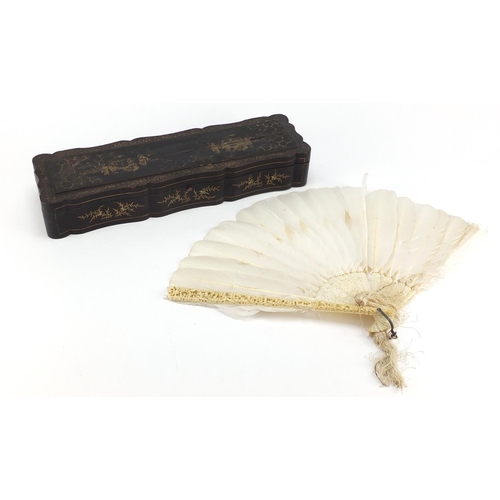 467 - Chinese Canton ivory brisé fan with lacquered box gilded with figures, the fan 28cm in length when c... 