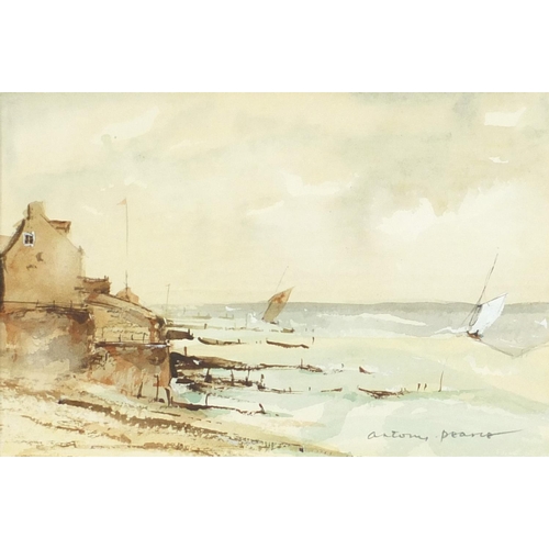 455 - Anthony Pearce - Coastal scene, watercolour, mounted, framed and glazed, 22cm x 14.5cm excluding the... 