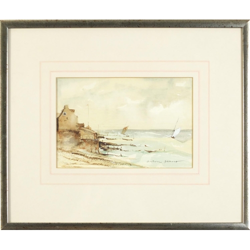 455 - Anthony Pearce - Coastal scene, watercolour, mounted, framed and glazed, 22cm x 14.5cm excluding the... 