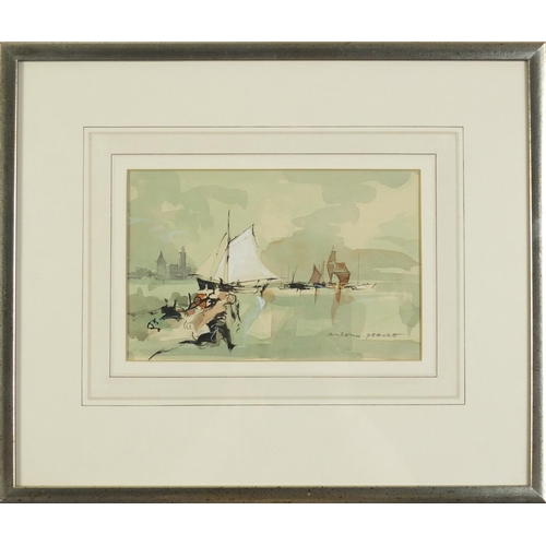 454 - Anthony Pearce - Rouen after Turner, heightened watercolour, The Court Gallery label verso, mounted,... 