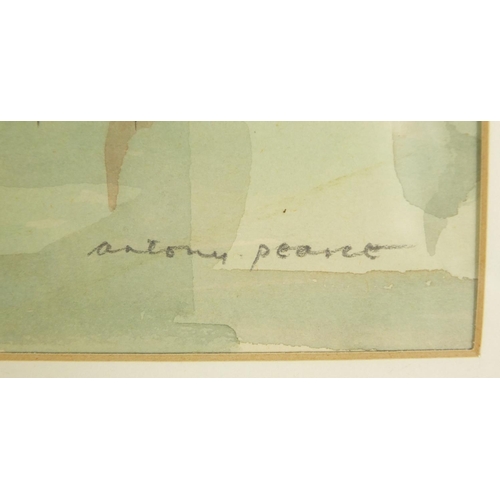 454 - Anthony Pearce - Rouen after Turner, heightened watercolour, The Court Gallery label verso, mounted,... 