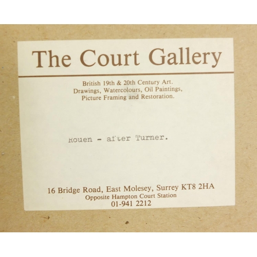 454 - Anthony Pearce - Rouen after Turner, heightened watercolour, The Court Gallery label verso, mounted,... 