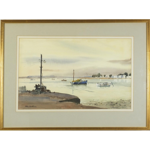 227 - John Mortimer - On Mudeford Quay, watercolour, labels verso, mounted, framed and glazed, 53cm x 34cm... 