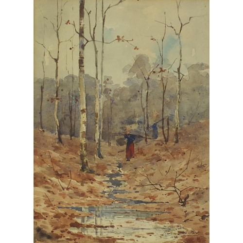 109 - Nestor Outer - Female by a stream in woodland, 19th century watercolour, label verso, mounted, frame... 