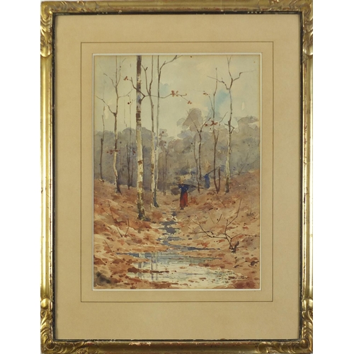 109 - Nestor Outer - Female by a stream in woodland, 19th century watercolour, label verso, mounted, frame... 