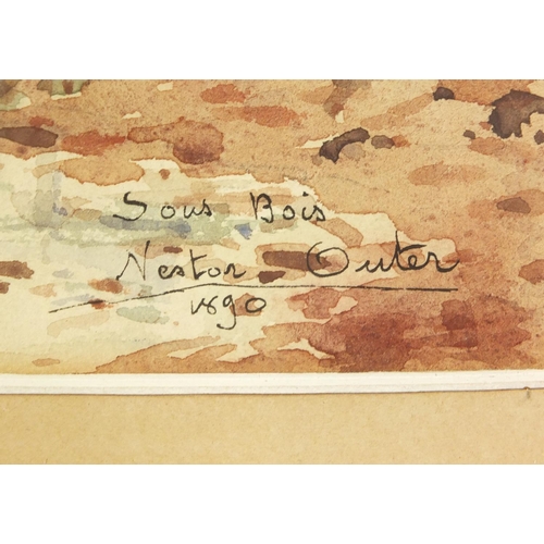 109 - Nestor Outer - Female by a stream in woodland, 19th century watercolour, label verso, mounted, frame... 