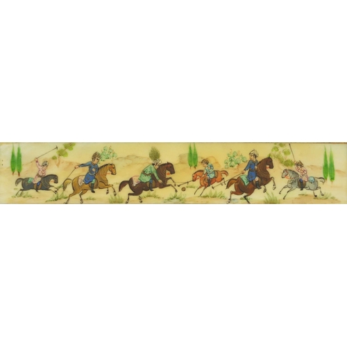 1151 - Two Persian panels hand painted with hunting scenes with painted floral borders, both mounted and fr... 