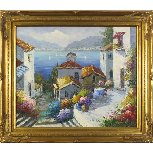 835 - Continental villas before water, oil on canvas, mounted and framed, 59.5cm x 50cm