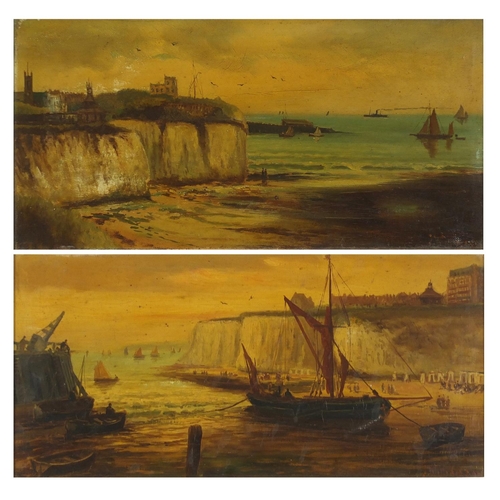 480 - J Williamson - Coastal scenes with moored boats, pair of 19th century oil on canvasses, framed, each... 