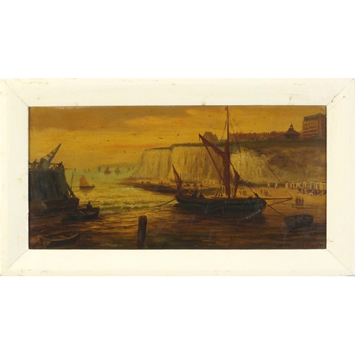 480 - J Williamson - Coastal scenes with moored boats, pair of 19th century oil on canvasses, framed, each... 