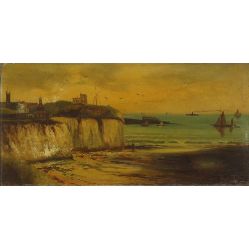 480 - J Williamson - Coastal scenes with moored boats, pair of 19th century oil on canvasses, framed, each... 