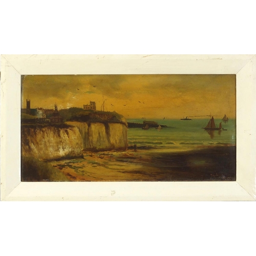 480 - J Williamson - Coastal scenes with moored boats, pair of 19th century oil on canvasses, framed, each... 