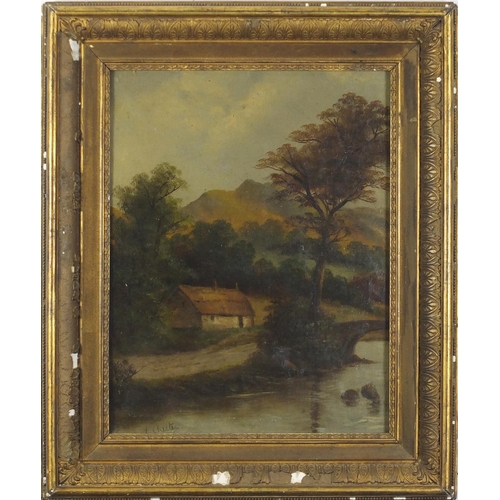 501 - E Chester - Rural landscape with thatched cottage beside a stream, 19th century oil on canvas, frame... 