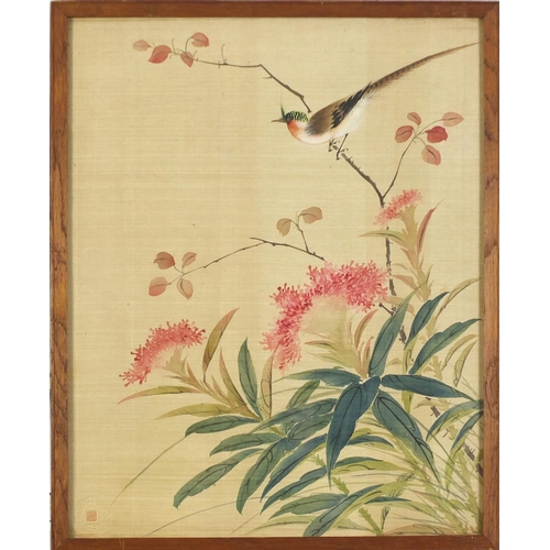 201 - Birds amongst flowers, set of three Chinese watercolour on silks, each with embossed red seal marks,... 