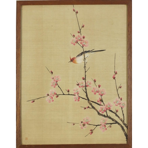 201 - Birds amongst flowers, set of three Chinese watercolour on silks, each with embossed red seal marks,... 