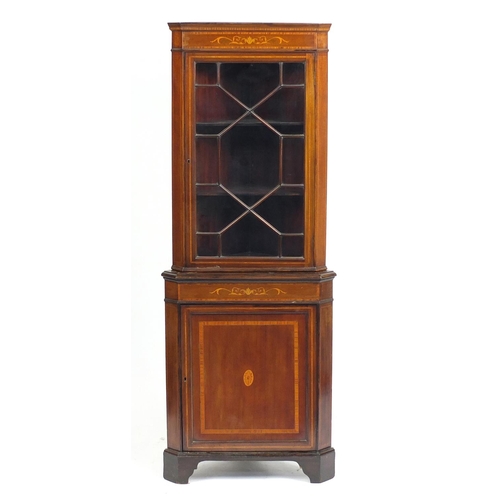 1543 - Edwardian inlaid mahogany standing corner cabinet with astragal glazed door, 190cm high x 72cm wide