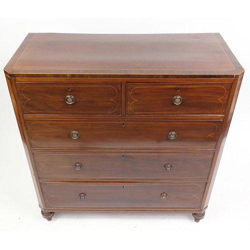 1524 - 19th century inlaid mahogany five drawer chest with canted corners, 115.5cm H x 111.5cm W x 50cm D