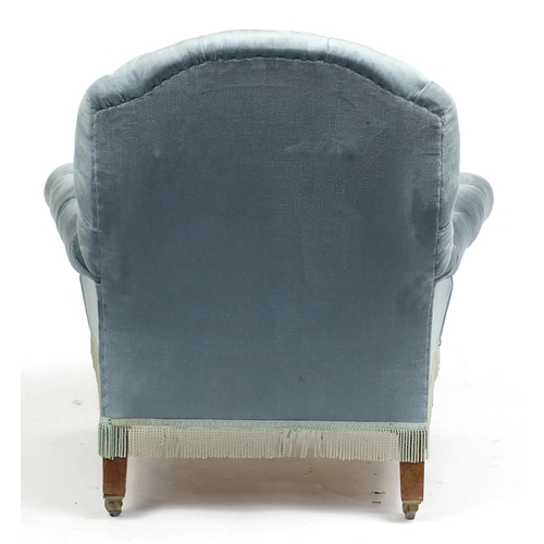 1547 - Blue button back upholstered chair on octagonal walnut tapering legs, 88cm high