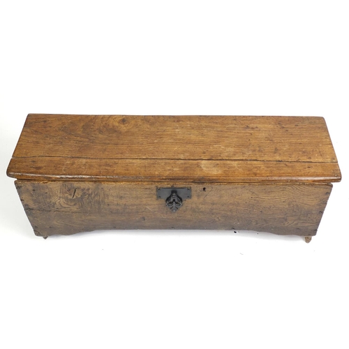 1528 - Antique elm blanket box with hinged lid, 42cm H x 110cm W x 32cm D