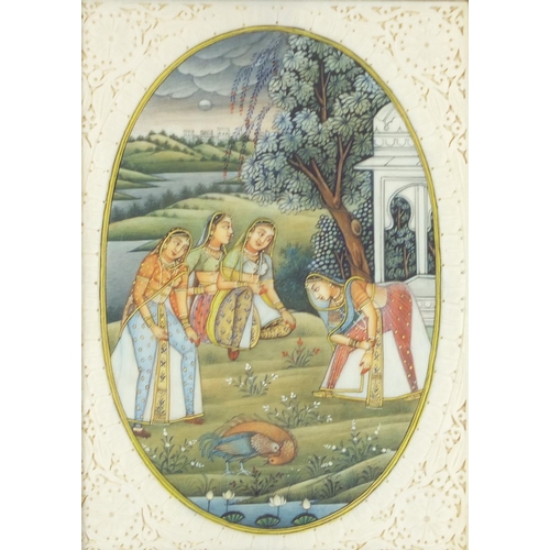 1149 - Females in traditional dress picking flowers, Indian Mughal school painting on pierced ivory panel, ... 