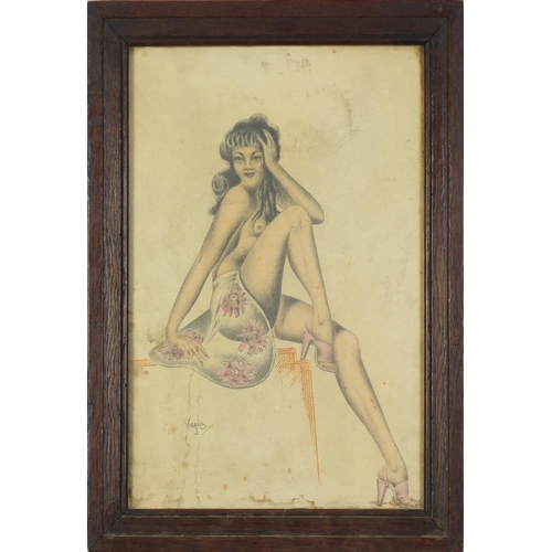 984 - Seated semi nude female, watercolour and mixed media bearing a signature Vegas, framed and glazed, 3... 