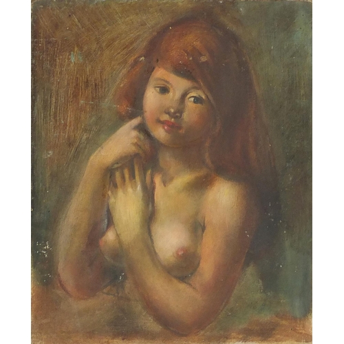 526 - Portrait of a nude girl, French school oil on canvas laid on board, details verso, mounted and frame... 