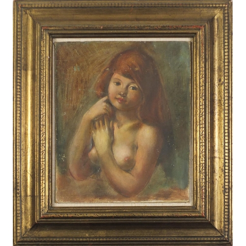 526 - Portrait of a nude girl, French school oil on canvas laid on board, details verso, mounted and frame... 