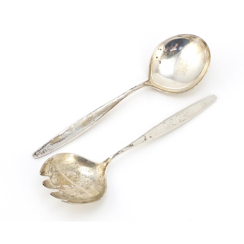 3046 - Tias Eckhoff for Georg Jensen, pair of Danish sterling silver salad servers, London 1958, 21.5cm in ... 