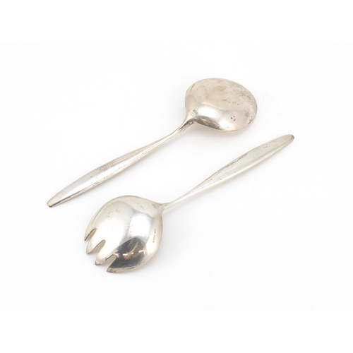 3046 - Tias Eckhoff for Georg Jensen, pair of Danish sterling silver salad servers, London 1958, 21.5cm in ... 