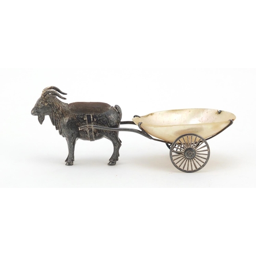 3018 - Adie & Lovekin Ltd, silver pin cushion and tray in the form of a goat pulling a cart, with mother of... 