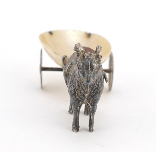 3018 - Adie & Lovekin Ltd, silver pin cushion and tray in the form of a goat pulling a cart, with mother of... 