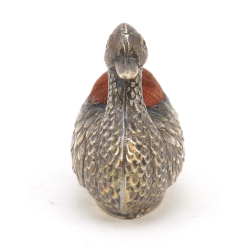 3033 - W J Myatt & Co, Victorian silver duck pin cushion, 7cm wide, 26.6g