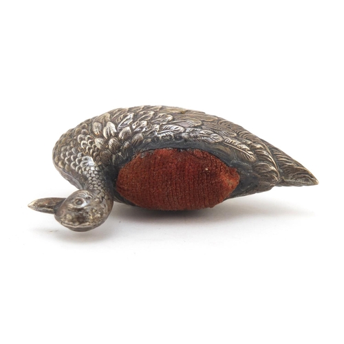 3033 - W J Myatt & Co, Victorian silver duck pin cushion, 7cm wide, 26.6g