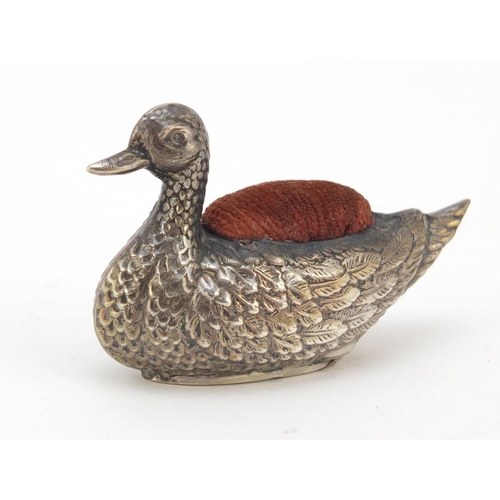 3033 - W J Myatt & Co, Victorian silver duck pin cushion, 7cm wide, 26.6g