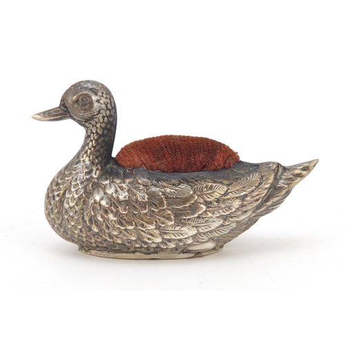 3033 - W J Myatt & Co, Victorian silver duck pin cushion, 7cm wide, 26.6g