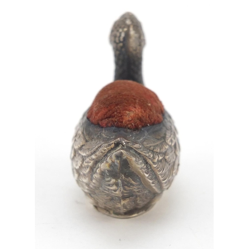 3033 - W J Myatt & Co, Victorian silver duck pin cushion, 7cm wide, 26.6g