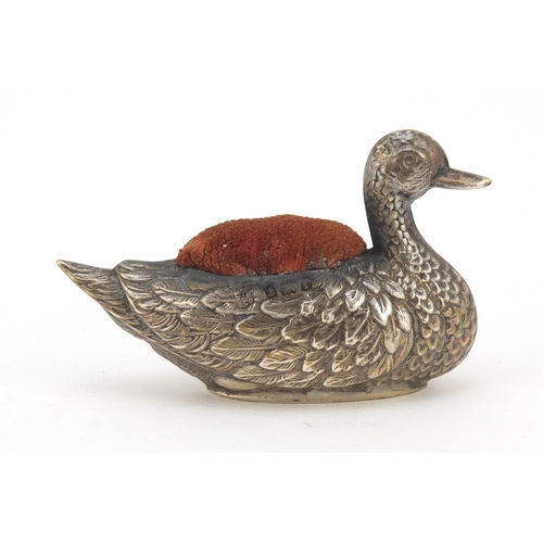 3033 - W J Myatt & Co, Victorian silver duck pin cushion, 7cm wide, 26.6g